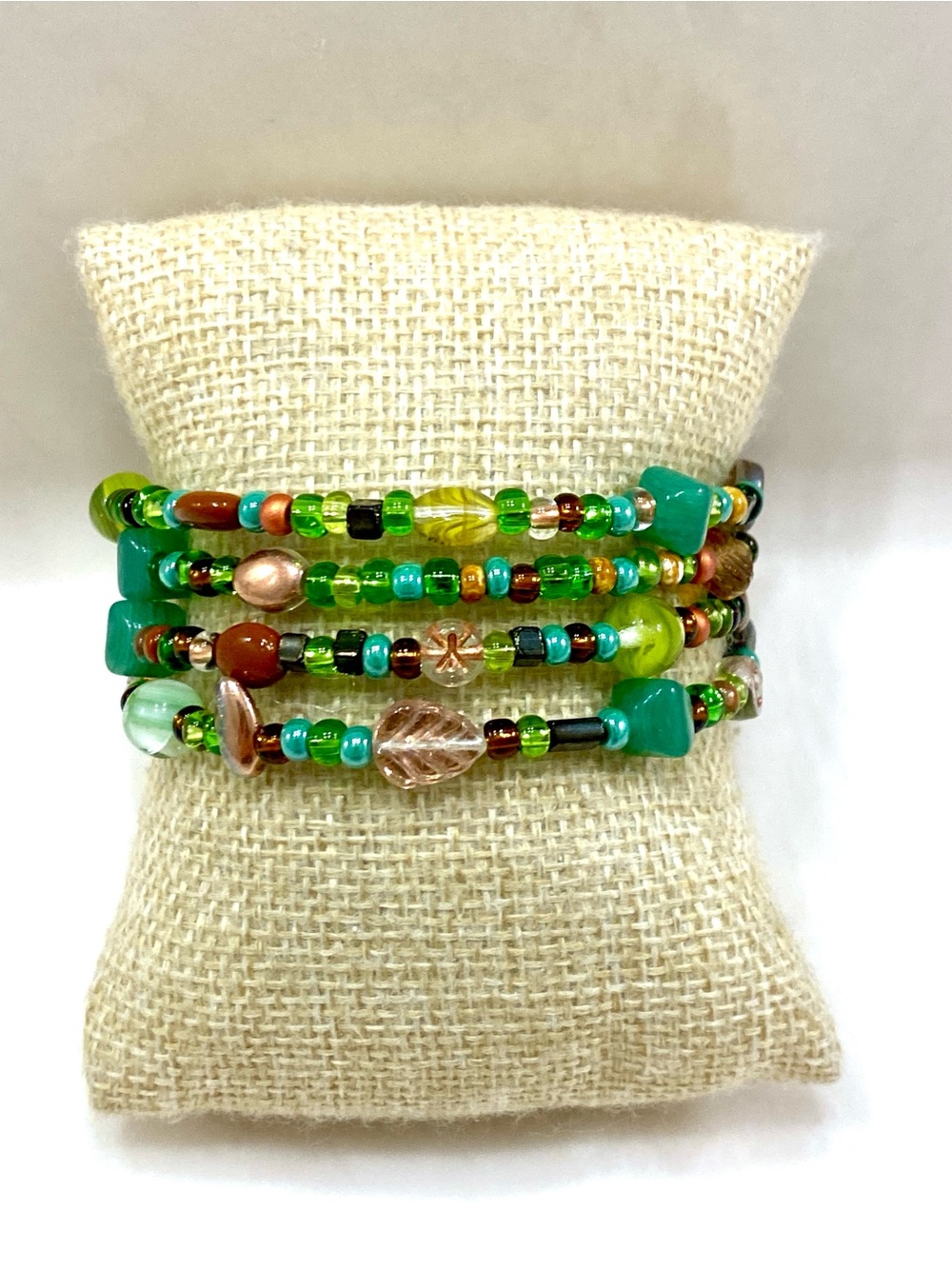 Vintage Mixed Glass Bead Memory Wire Wrap Bracelet Green Teal Leaf Boho